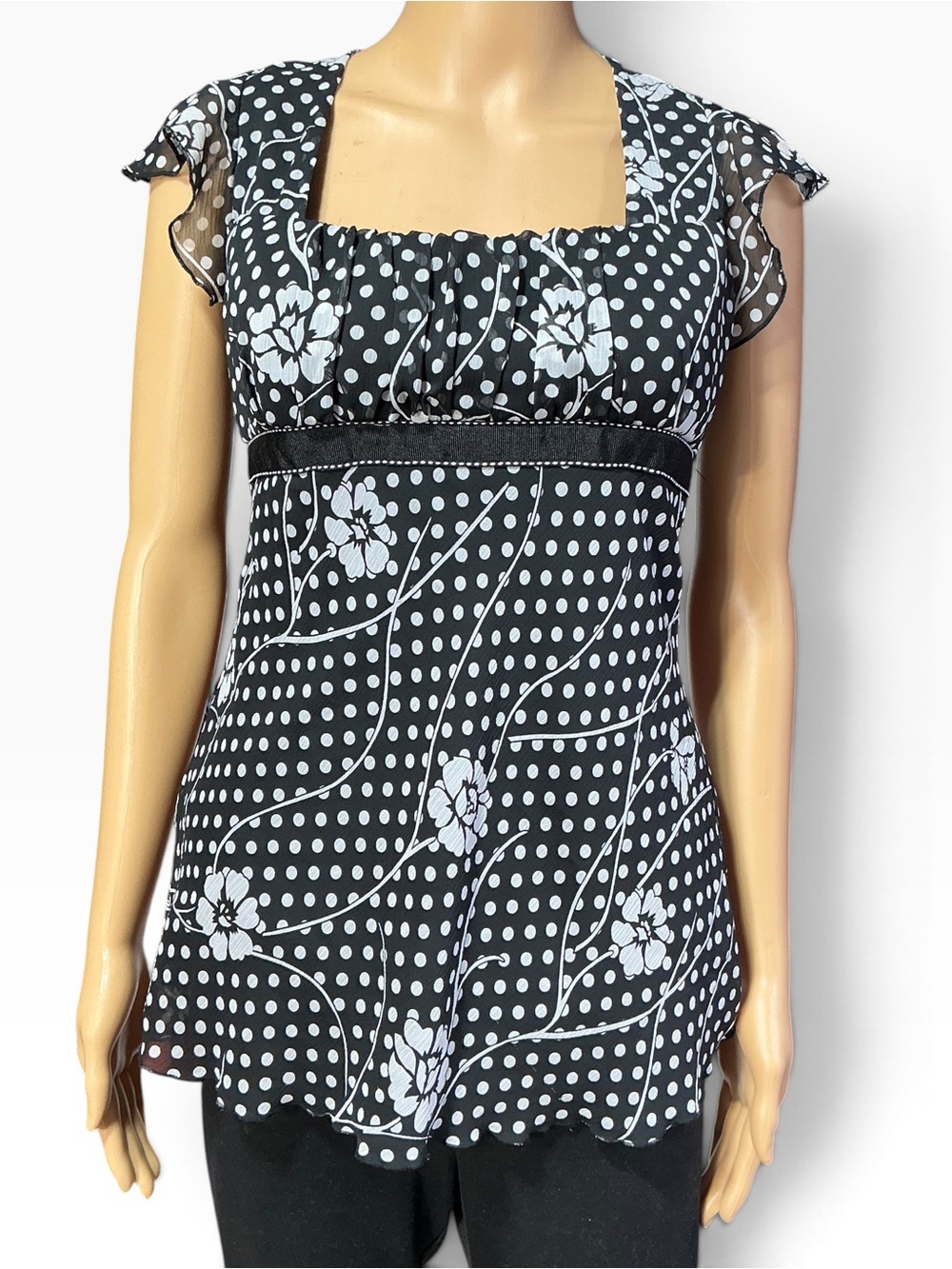 Studio Y Black & White Polka Dot Floral Square-Neck Tunic Top